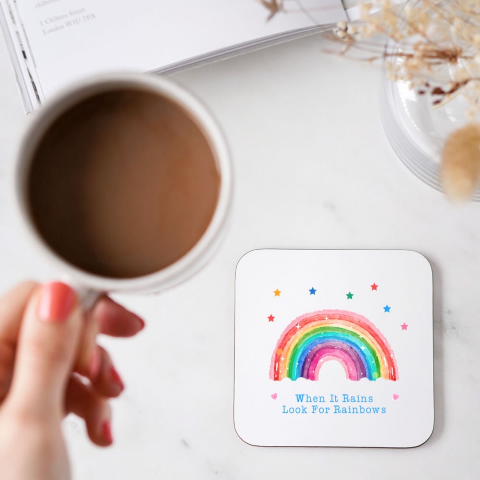 When It Rains Look For Rainbows Wooden Gift Coaster